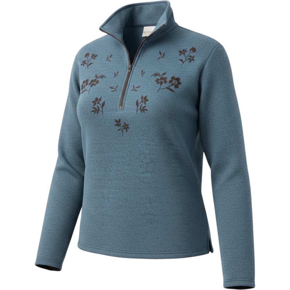 Katherine Bishop Blue Floral Embroidered Quarter Zip Sweatshirt Large Pullover